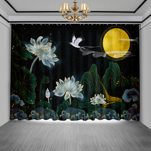 2026年新款 遮光布窗帘定制卧室客厅落地窗飘窗保温帘 唯美荷花中式