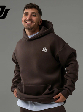 DJAY 棕色连帽卫衣男 加绒宽松上衣 秋冬日常休闲保暖套头衫
