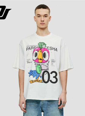 DJAY机械鸟印花短袖男层次设计街头潮流 T 恤宽松休闲上衣