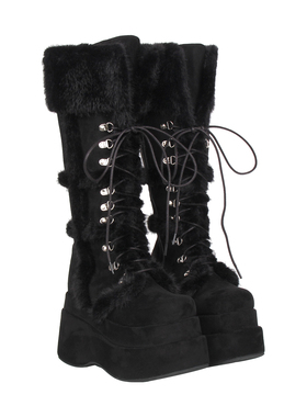 2025朋克PUNK圆头毛边系带侧拉链双层松糕厚底高筒靴M526