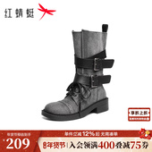 红蜻蜓马丁靴女款 秋冬女鞋 一脚蹬中筒靴英伦机车马丁靴西部靴单靴