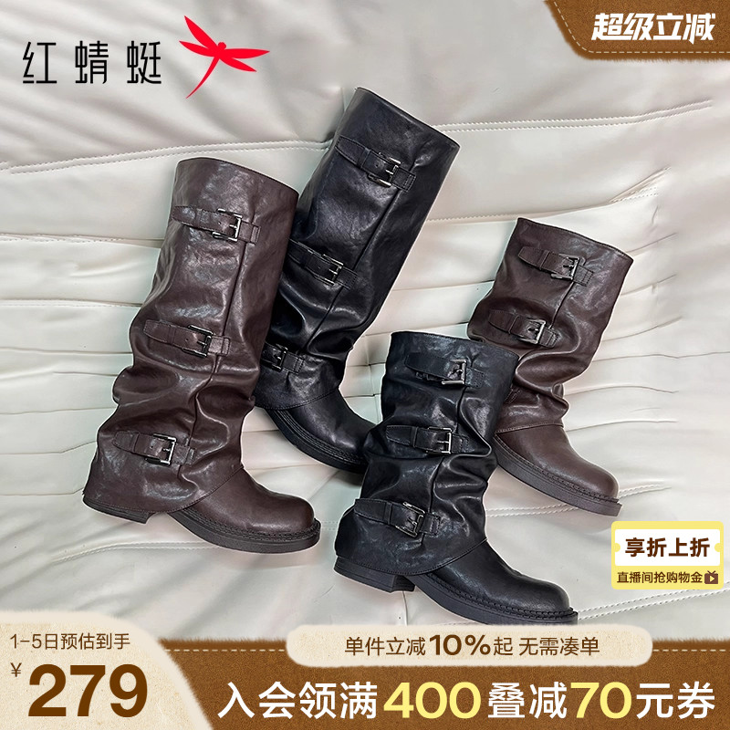 红蜻蜓西部靴2025秋冬新款女鞋一脚蹬英伦复古骑士靴裤管长筒靴
