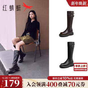 长筒靴厚底增高侧拉链复古英伦单靴 女鞋 红蜻蜓骑士靴女款 秋冬新款