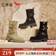 红蜻蜓游牧风西部靴秋冬女鞋 厚底粗跟中筒靴黑色瘦瘦靴旅游牛仔靴