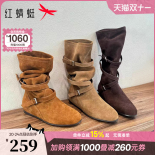 红蜻蜓西部靴2025秋冬新款 一脚蹬长筒靴复古不过膝瘦瘦靴女H 女鞋