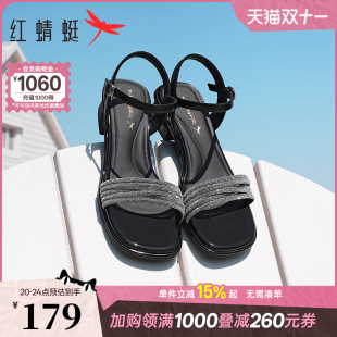 女2025夏季 气质水钻一字高跟女鞋 配裙子 子法式 鞋 红蜻蜓粗跟凉鞋