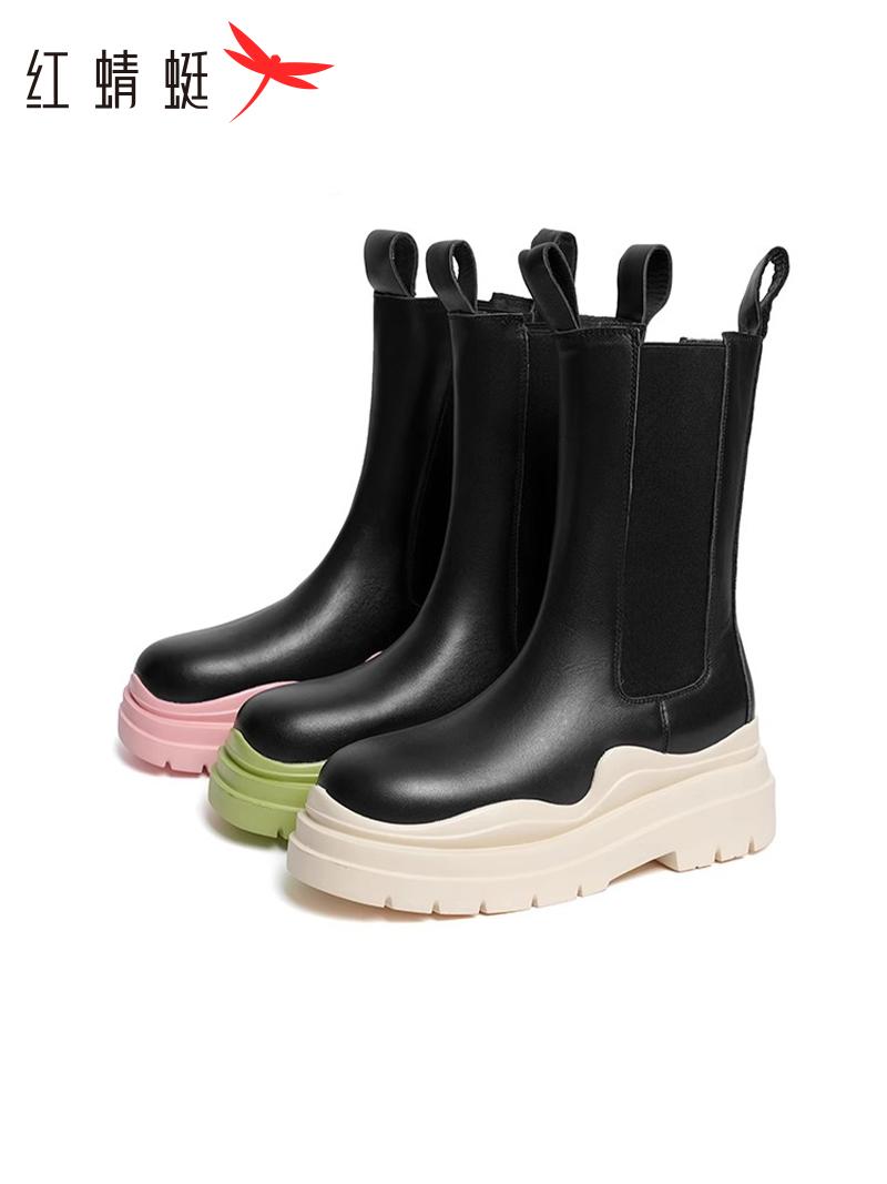 RED DRAGONFLY CHELSEA BOOTS WOMENS SHOES WINTER NEW SUPER COOL ELASTIC MOUTH CHIMNEY BOOTS CONTRASTING SWEET MID BOOTS WOMEN