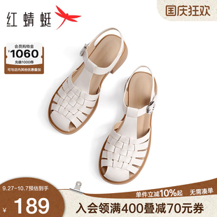 休閑鞋 紅蜻蜓羅馬涼鞋 女夏季 鏤空女鞋 子平底不累腳軟底豬籠媽媽鞋
