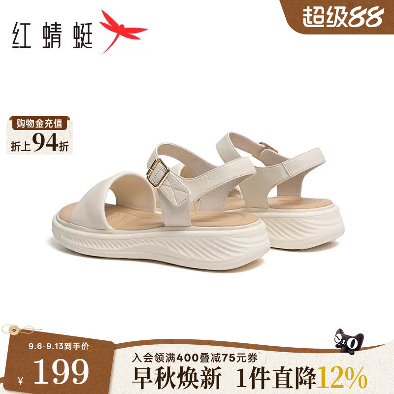 红蜻蜓平底PU露趾凉鞋羊皮图片