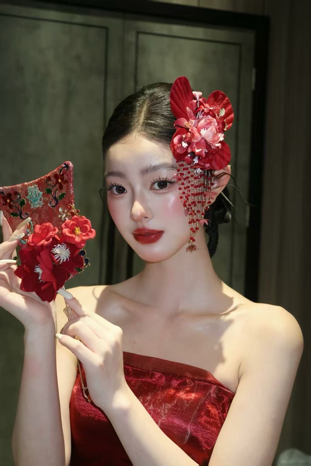 红色非遗绒花流苏蝴蝶发夹康康老师新娘结婚新中式秀禾旗袍配饰品