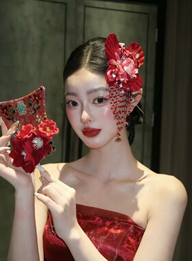 红色非遗绒花流苏蝴蝶发夹康康老师新娘结婚新中式秀禾旗袍配饰品