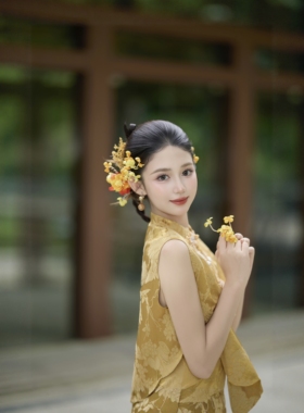 梨子手作原创设计新中式金色橘黄绒花秀禾头饰新娘结婚跟妆配饰品