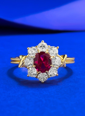 珠宝 新款S925银5*6椭圆鸽血红花朵戒指交叉古典时尚气质