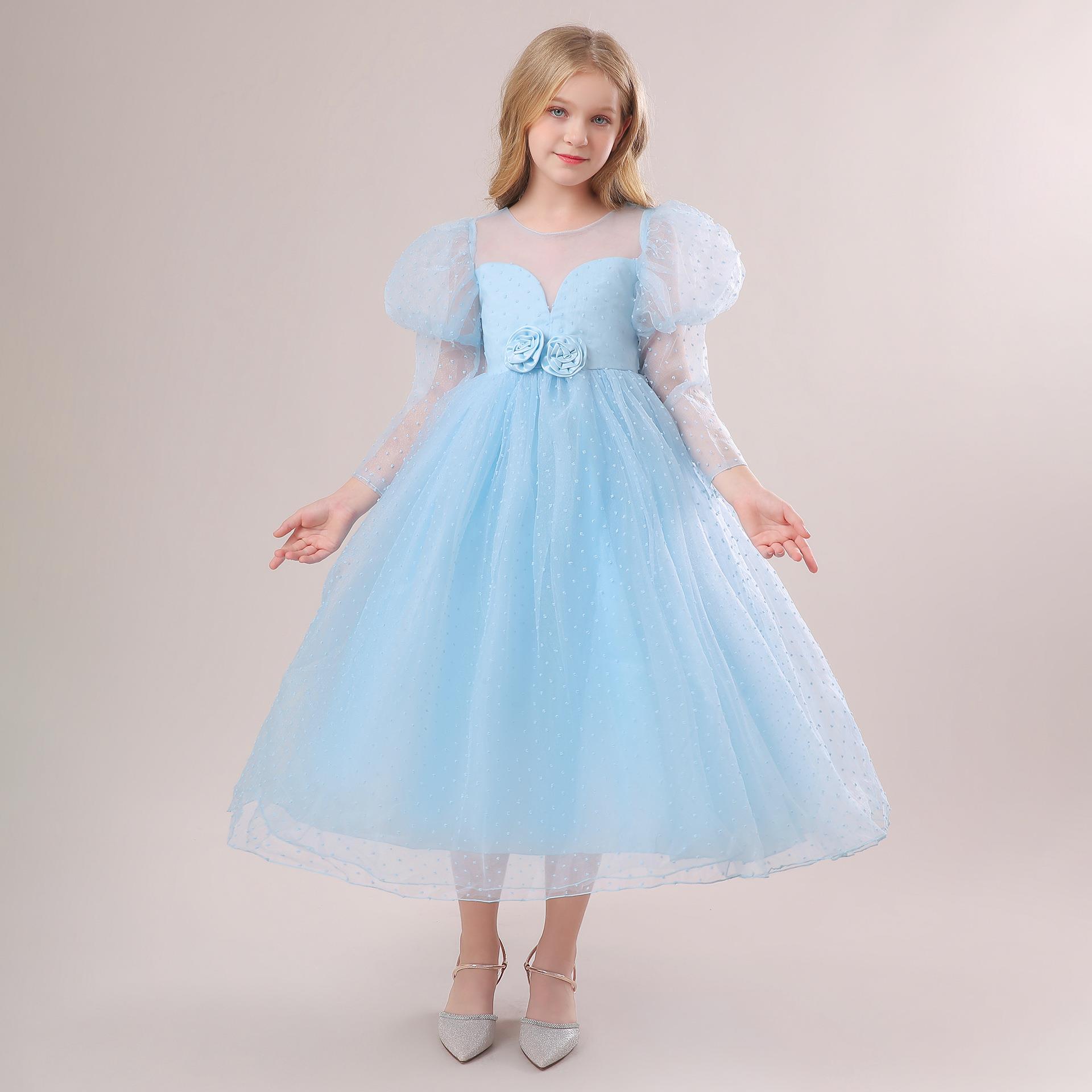 欧美新款中大童礼服裙泡泡长袖公主蓬蓬纱裙钢琴演出晚礼服连衣裙