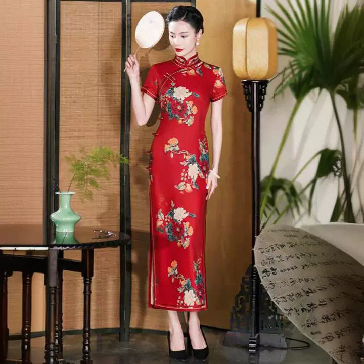 老上海红色旗袍夏女2026新款日常改良版新中式国风连衣裙走秀长款