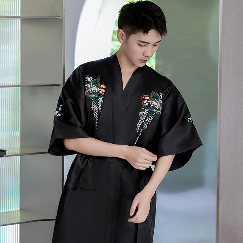 2024 AUTUMN NEW MENS PAJAMAS BATHROBES FIELD BLACK CHINESE STYLE SILK LOOSE COMFORTABLE HOTEL PLUS SIZE FOREIGN TRADE