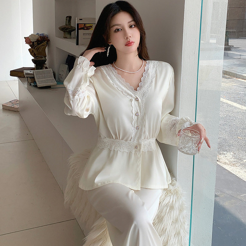 睡衣女2026春季冰丝性感花边蕾丝长袖气质V领开衫套装带胸家居服