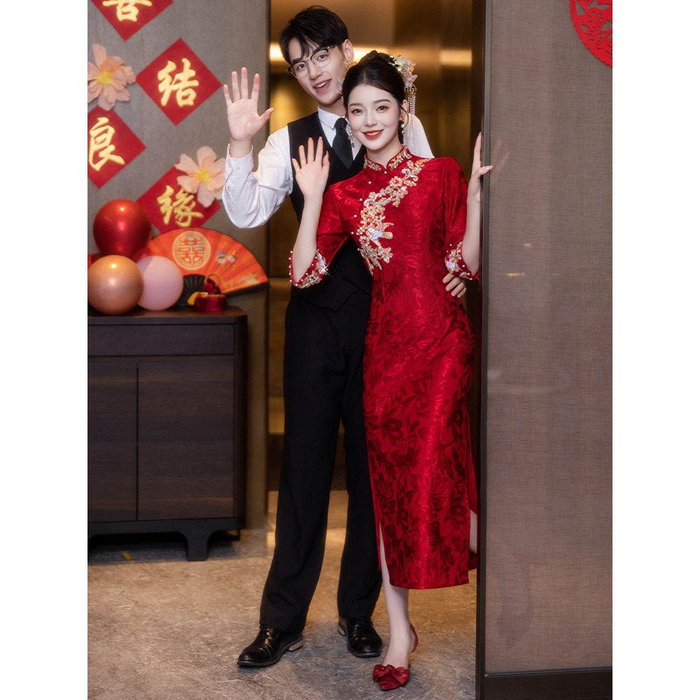 红色旗袍敬酒服结婚当天新娘便装回门订婚中式礼服裙长袖春秋重工
