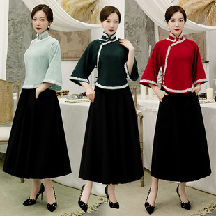 旗袍2026春季倒袖旗袍连衣裙棉麻年轻款民国学生两件套装裙中国风
