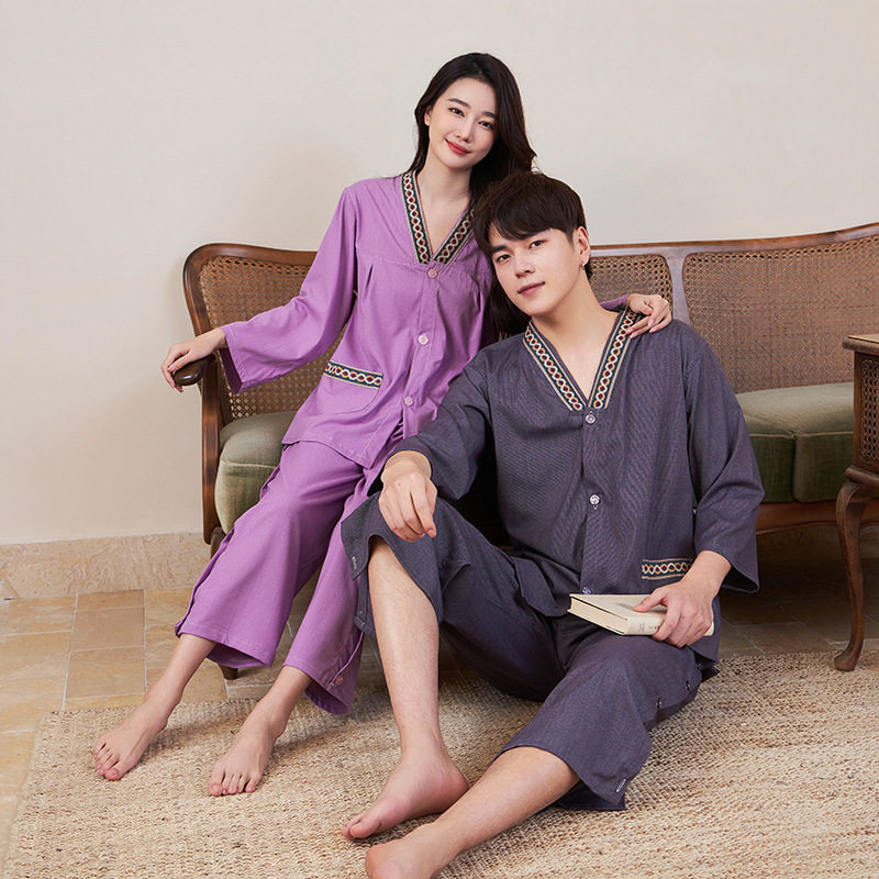 女长款前后开裤腿开苎麻艾灸服男大码工艺边系扣推拿服美容调理服