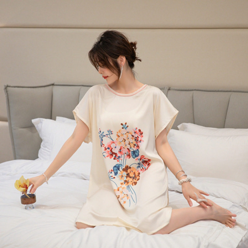 冰丝睡裙女夏季新款卡通印花短袖睡衣可外穿中长款大码宽松家居服