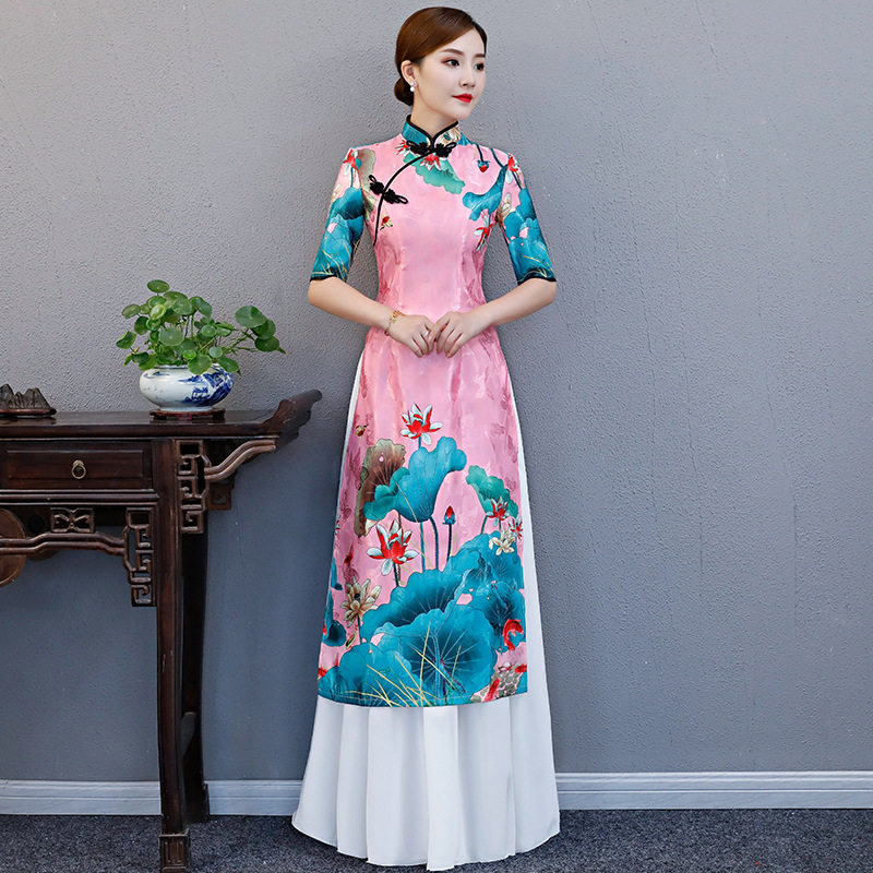 旗袍夏季2026新款大码合唱服走秀长款演出年轻妈妈奥黛两件套礼服