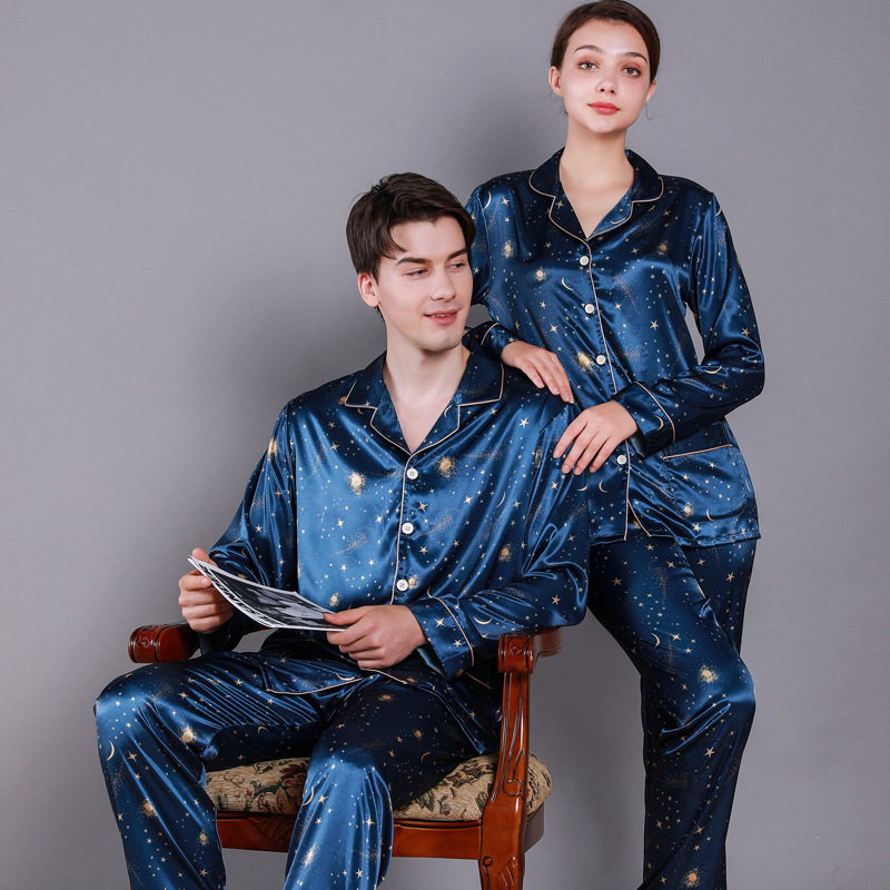 2026春秋季新品时尚男女情侣套装仿丝睡衣套装家避家服服休闲跨境