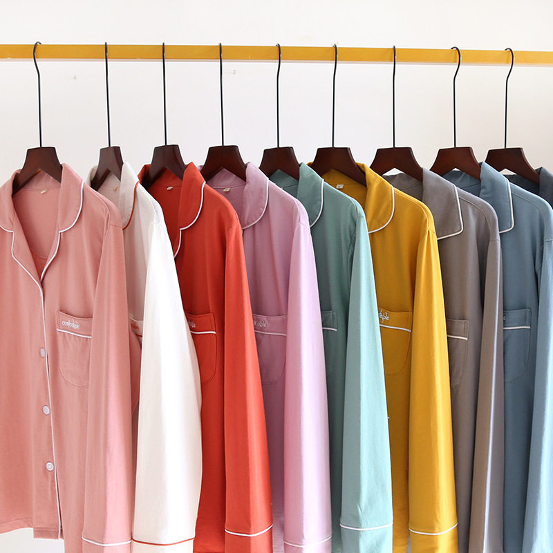 春秋情侣粉色居家通用长袖薄款棉女士睡衣翻领夏季起居男款家居服