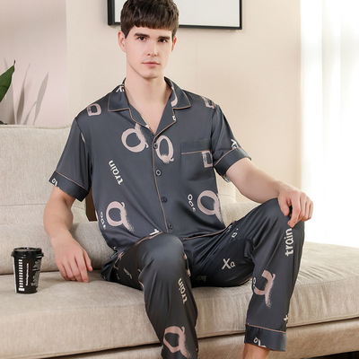 男睡衣短袖春夏季丝绸薄款新2026印花休闲男款家居服套装时尚跨境
