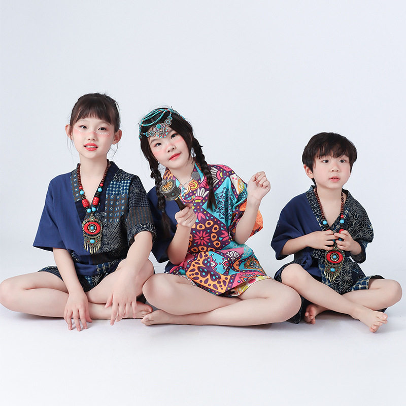 中国风民族风儿童夏季家居服睡衣套装短裤短袖浴服汗蒸服女酒店