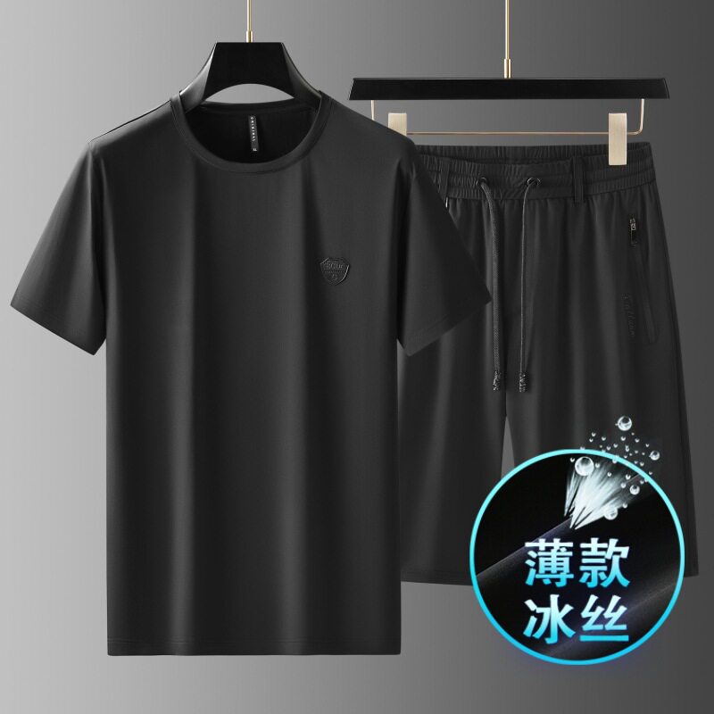 高级感冰丝男士运动套装2026夏季薄款休闲短裤速干短袖两件套高端
