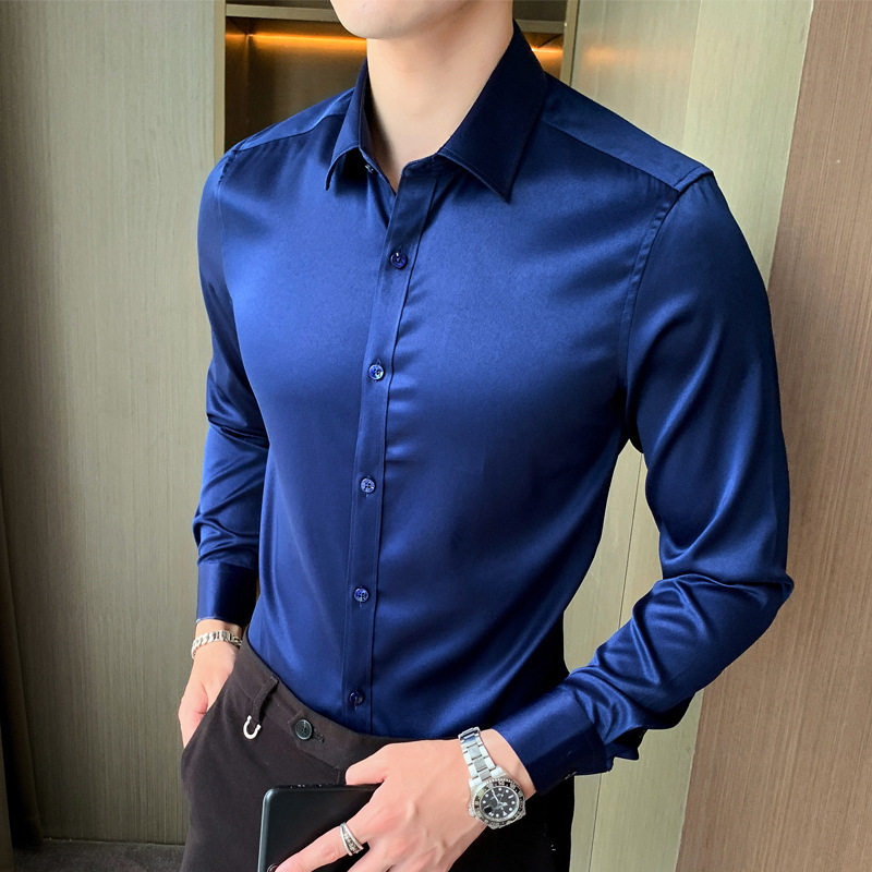 2026新款长袖衬衫男士冰丝弹力韩版修身男式衬衫时尚潮流纯色衬衣