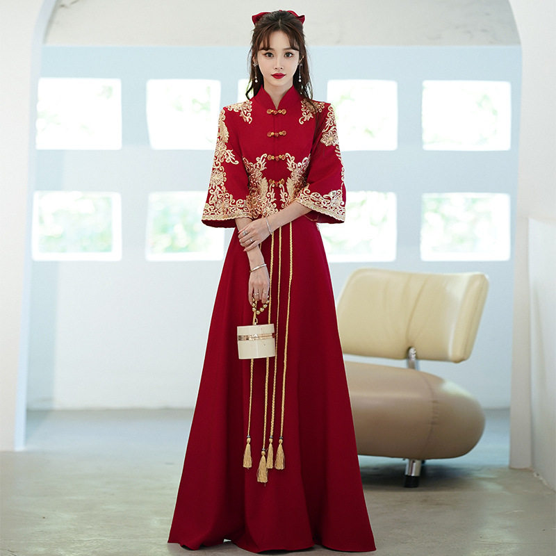 大码敬酒服新娘春季结婚订婚礼服中式秀禾服酒红色长款敬酒服2026
