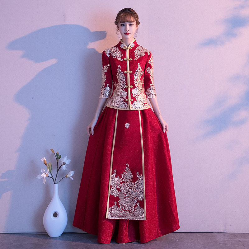 2026秋季新款秀禾服长袖中式结婚礼服酒红色敬酒服中国风加厚春夏