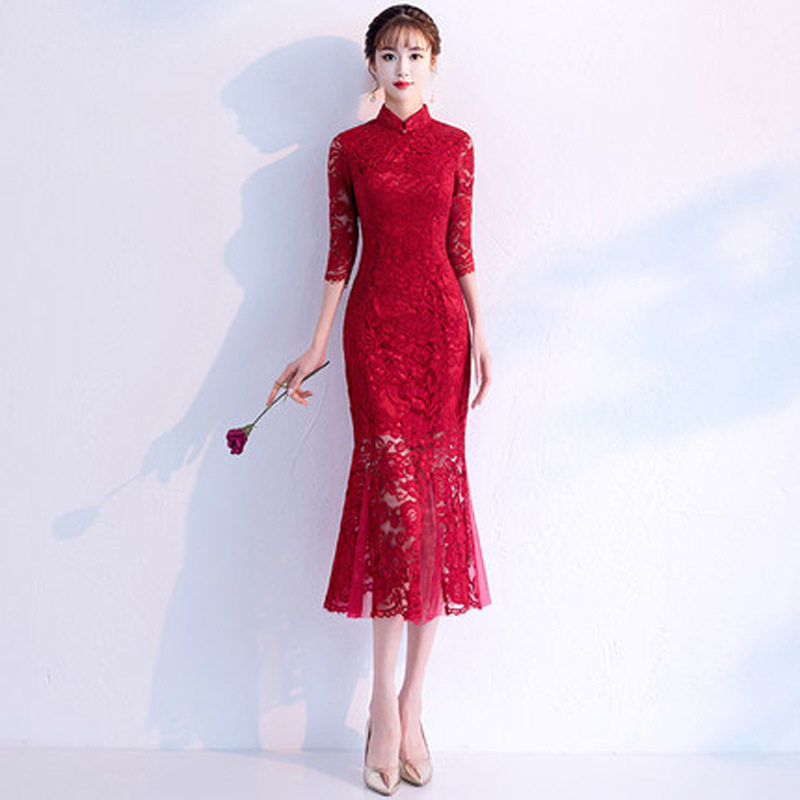 2026新款新娘敬酒服旗袍春夏季红色蕾丝中长款结婚回门连衣裙显瘦