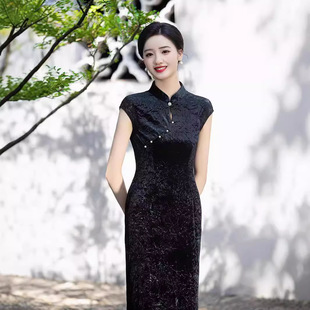 黑色旗袍中式2026年夏季女老上海旧事丝绒复古显瘦改良日常连衣裙