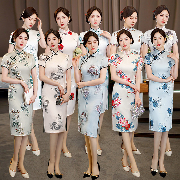 旗袍春夏款2026年新款妈妈高端醋酸改良连衣裙女中长款宴会礼服女