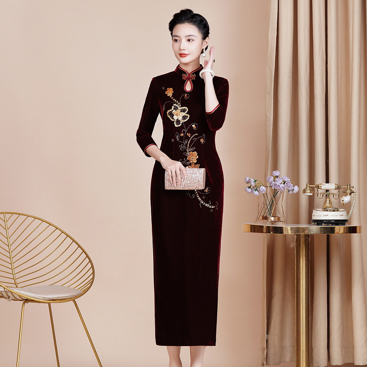 春装新款修身改良丝绒旗袍喜妈妈婚宴礼服长款喜婆婆敬酒服七分袖