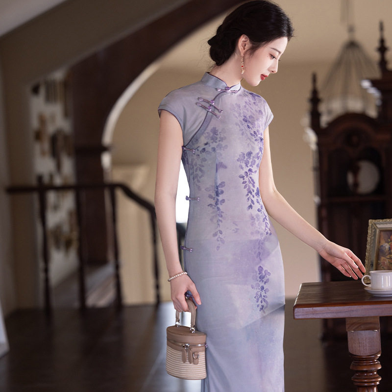 2026春夏新款旗袍新中式国风短袖紫色女装年轻款改良版连衣裙礼服