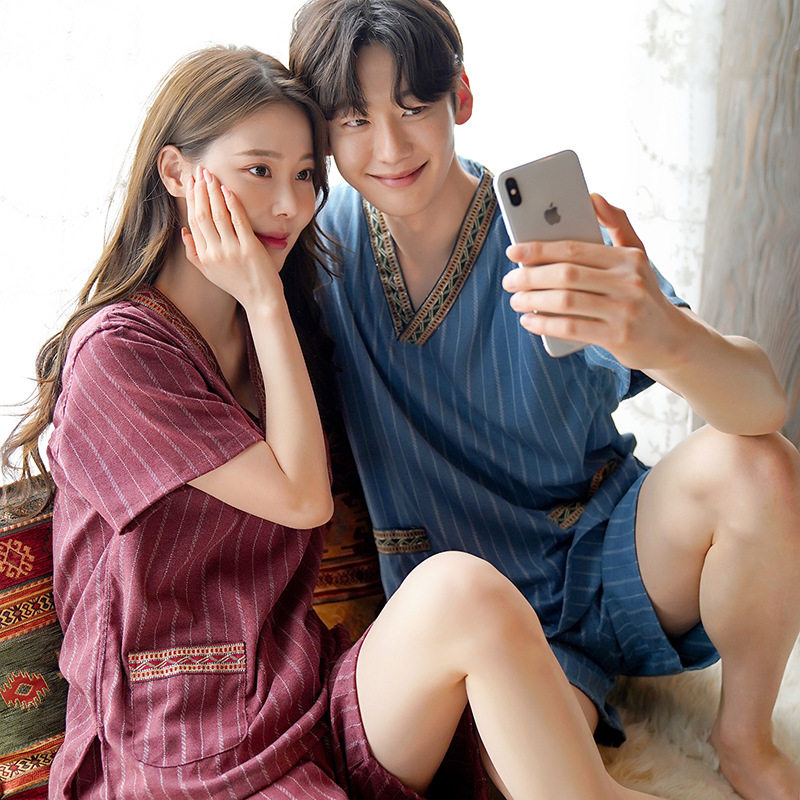 新款男女条纹情侣汗蒸服浴衣