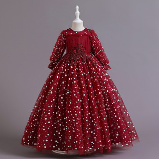 春夏新款女童连衣裙中长袖泡泡袖蓬蓬裙韩版儿童蝴蝶蕾丝裙女孩