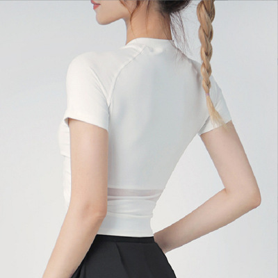 跨境瑜伽服上衣女运动短袖速干健身服t恤跑步半袖弹力大码紧身衣