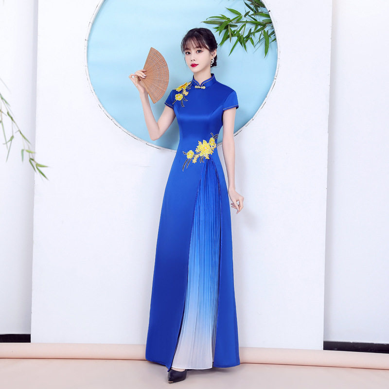 改良越南奥黛旗袍连衣裙中国风复古女走秀演出服舞台演出旗袍长款