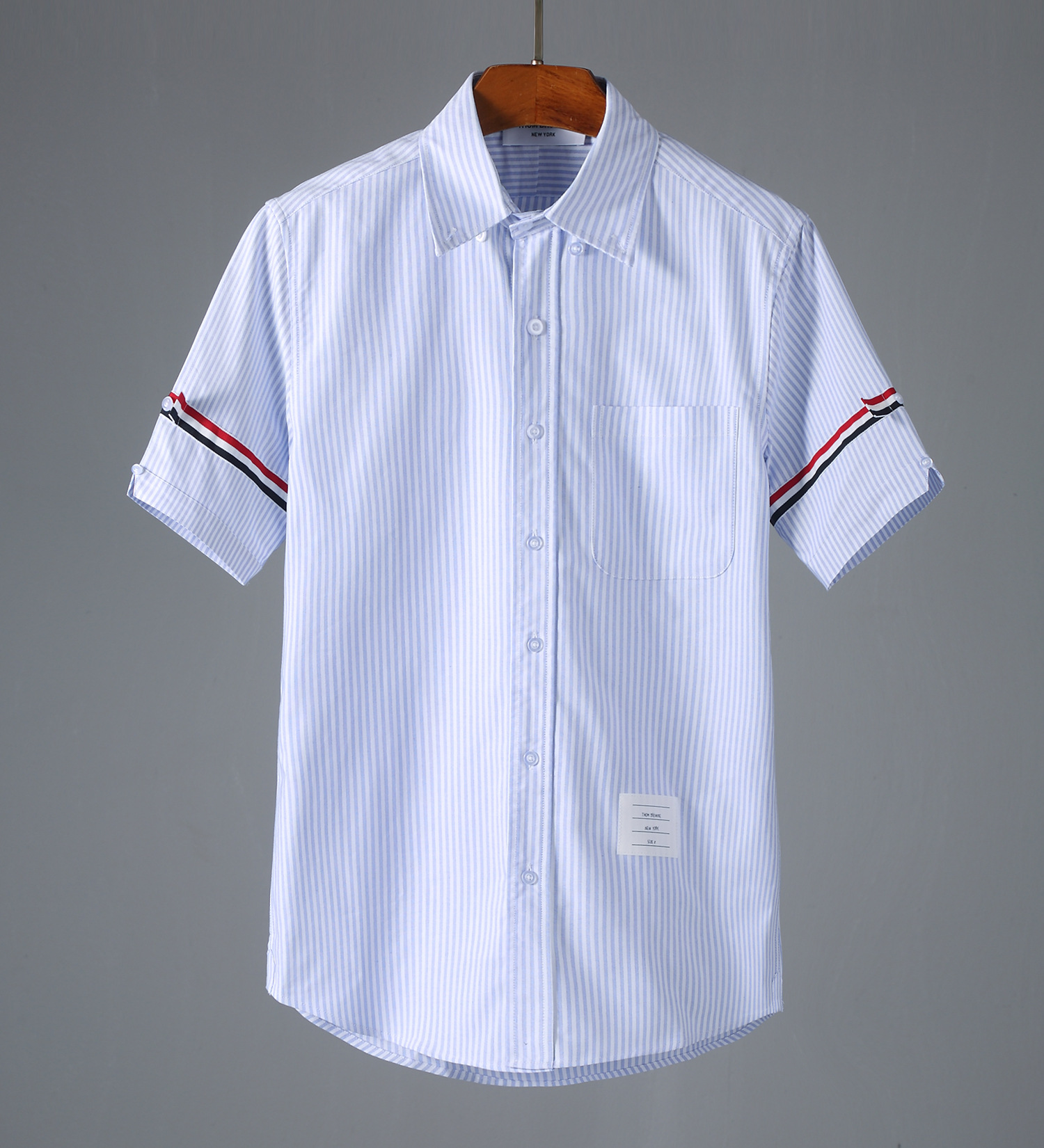 TB衬衫短袖条纹新款双袖标织带色织休闲商务短袖衬衣夏季男女同款