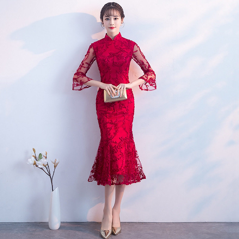 2026新款酒红色新娘镂空蕾丝礼服旗袍性感鱼尾结婚敬酒服中长款
