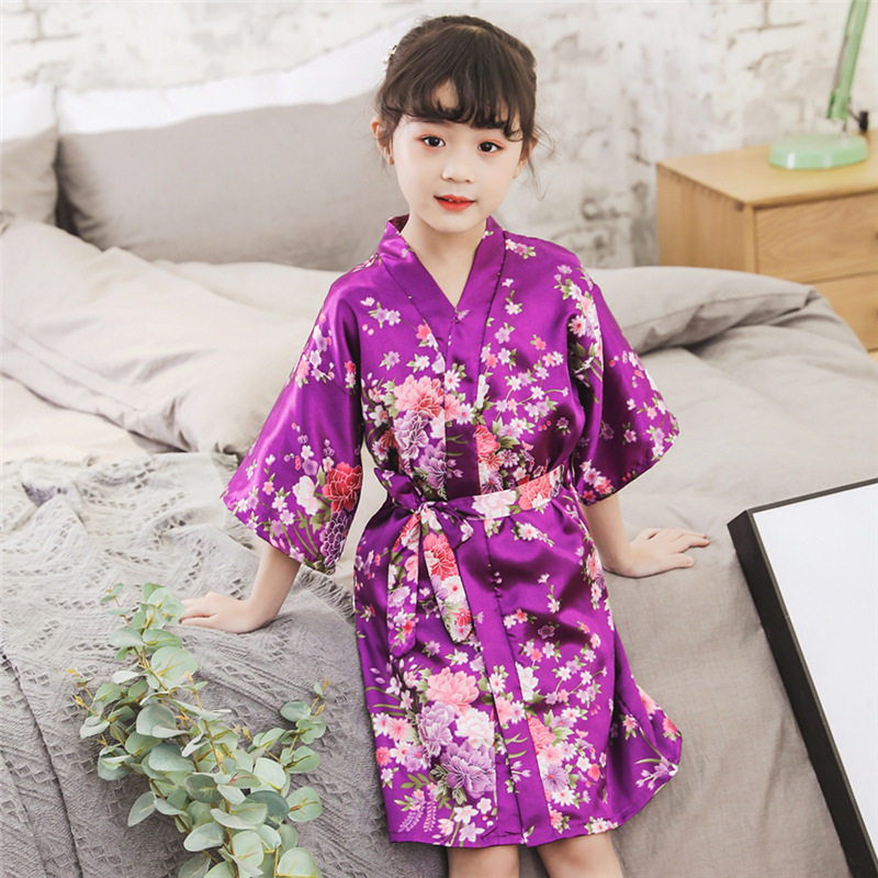 2026春夏秋新款女童开衫仿丝小碎花浴袍女宝宝家居和服睡袍外贸