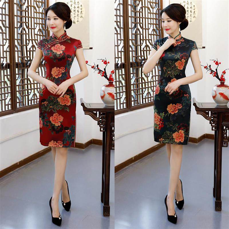 2020年新开雨大码胖妈妈双层中长旗袍立领走秀丝绸旗袍连衣裙如