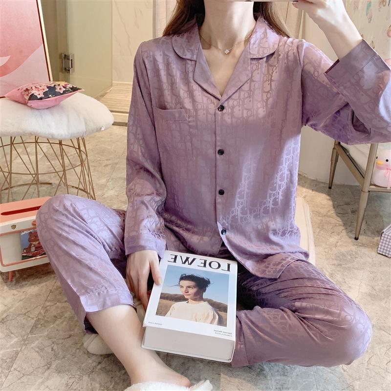 春秋季新品简约大牌印花清新女睡衣舒适丝滑冰雪丝女士家居服套装