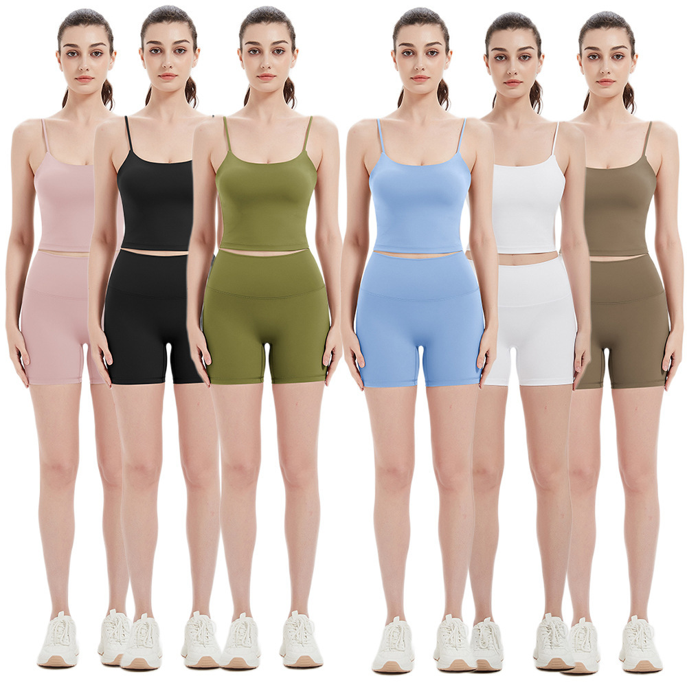 夏季瑜伽服套装女两件套带胸吊带健身背心跑步速干运动服两件套