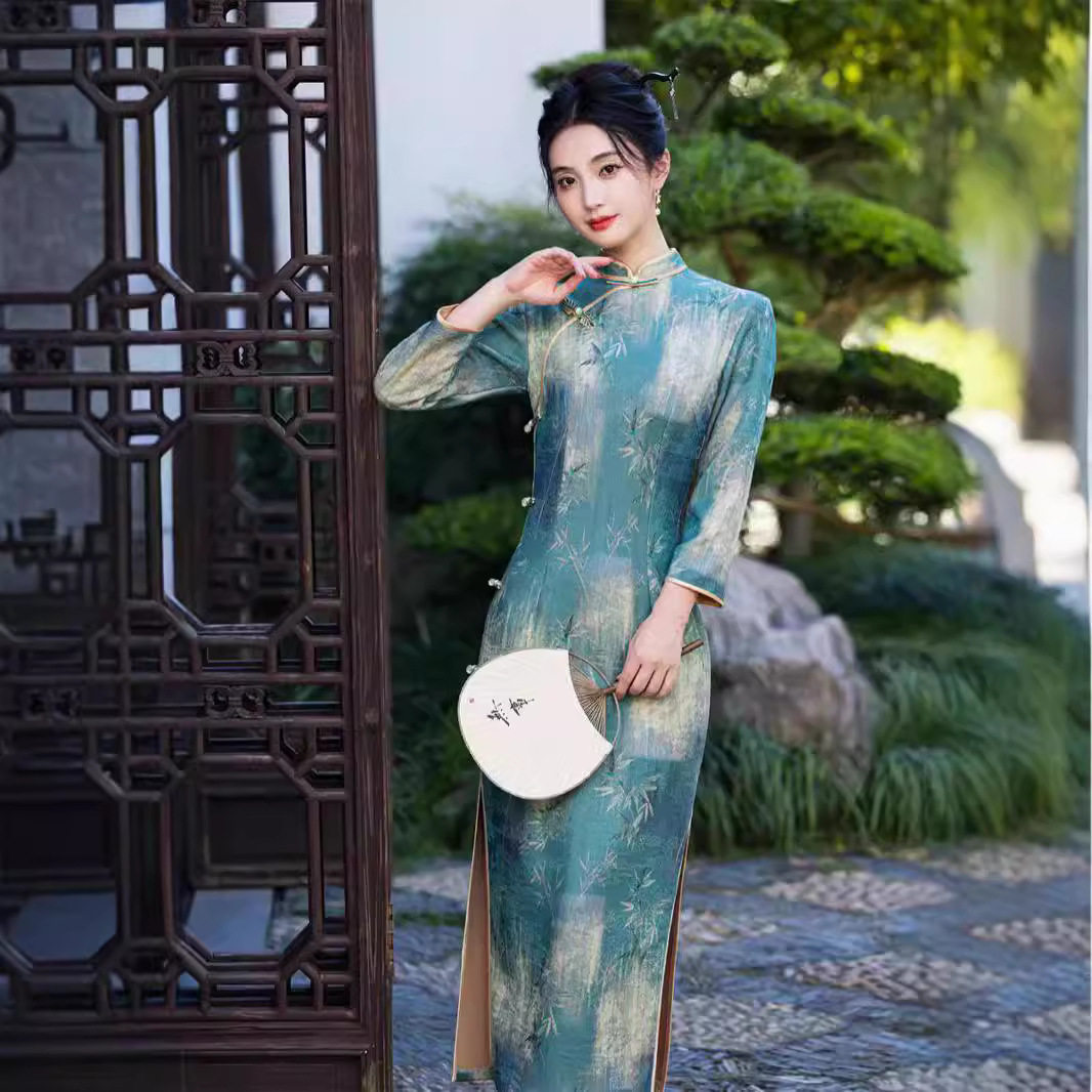 2026春秋季新款 云岚绒绿色竹叶印花旗袍中国风低开衩修身连衣裙